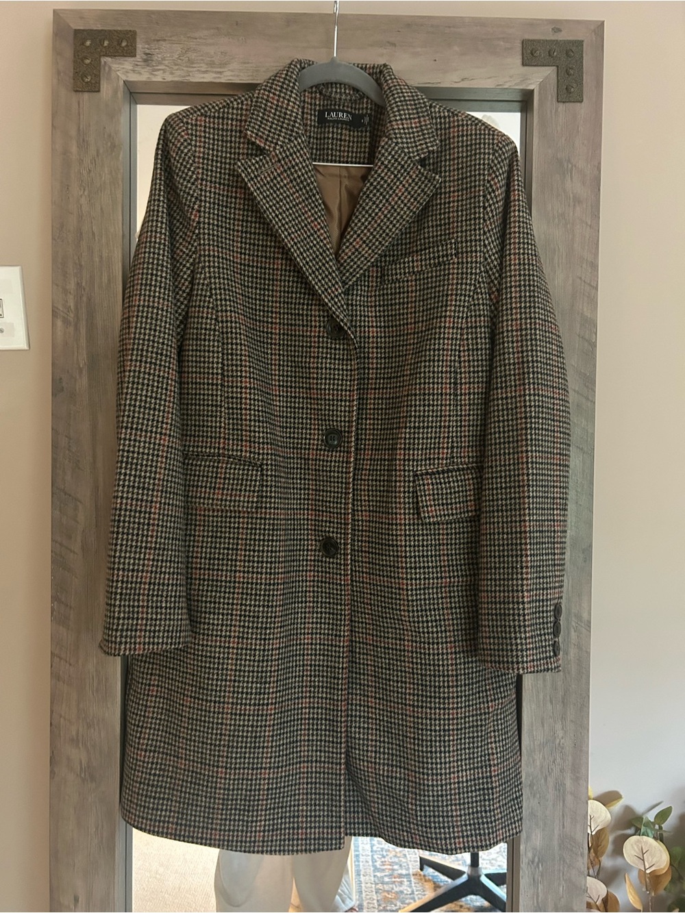 Lauren Ralph Lauren Brown Plaid Wool Coat with Subtle Rust Accents